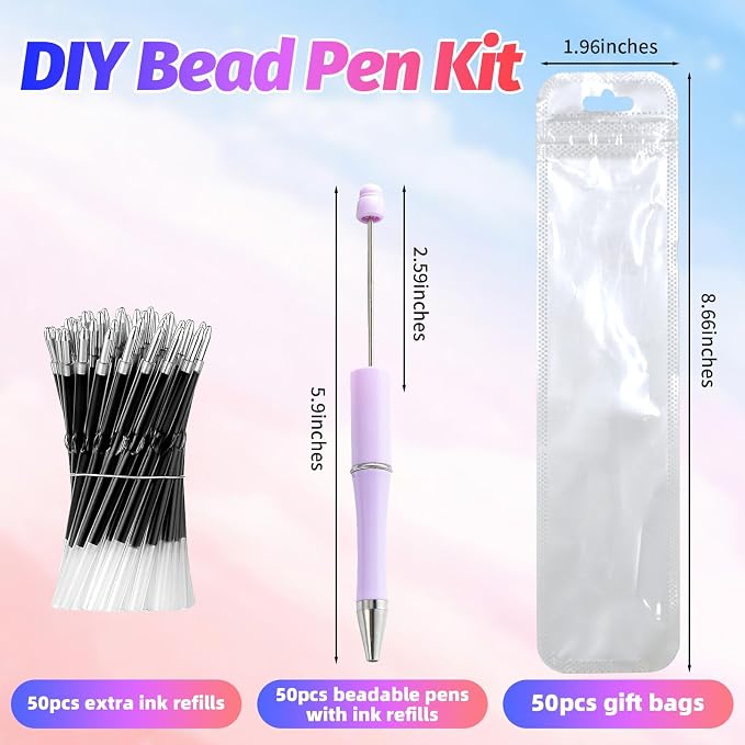 150 Pieces DIY Beadable Pen Kit – 50 Plastic Ballpoint Pens - Image 2
