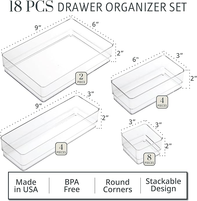 STORi SimpleSort 18-Piece Stackable Clear Drawer Organizer Set | Multi-size - Image 2