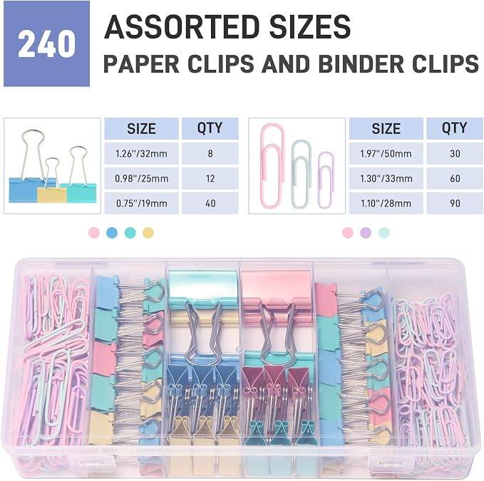 240PCS Colored Assorted Size Paper Clips and Binder Clips, Paperclips Large - Image 3