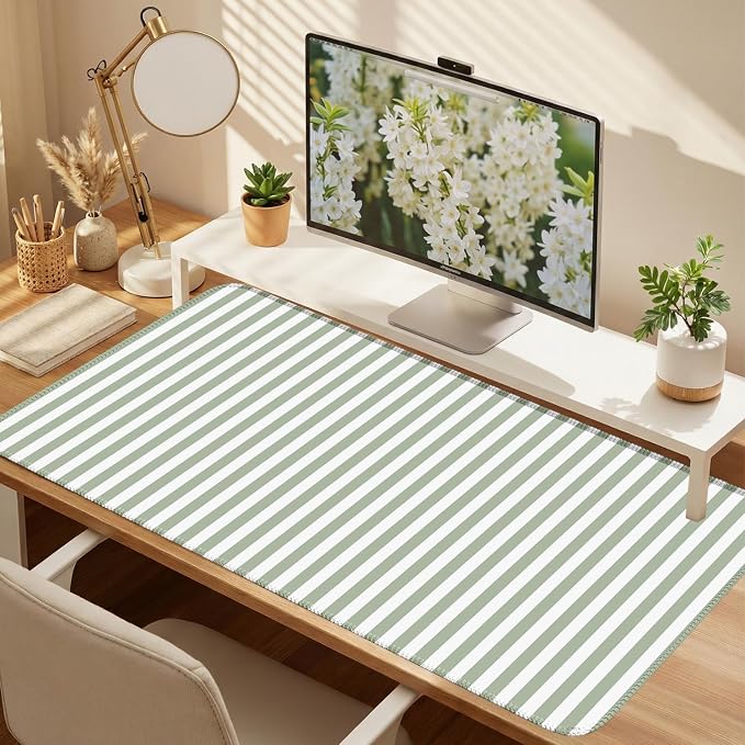 Sage Green Striped Desk Mat Cute Pastel XXL Large Gaming Mouse Pad Desk Pad - Image 2