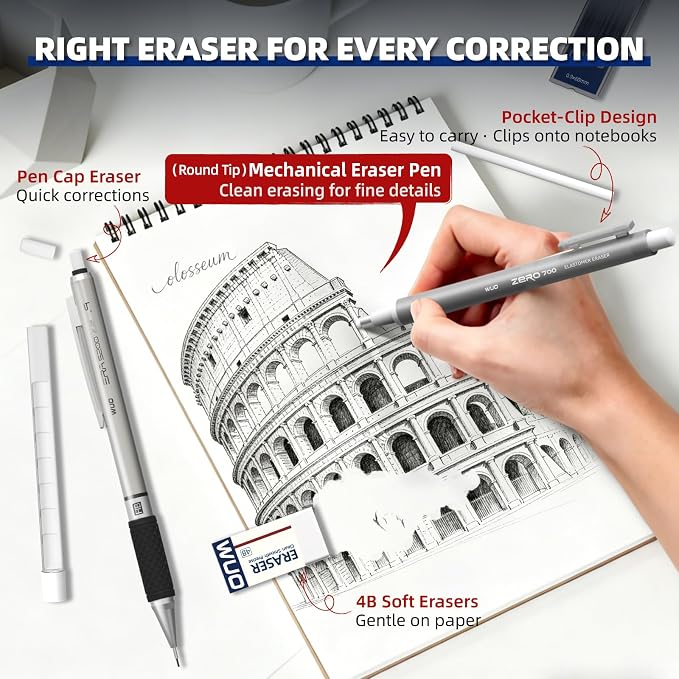 WUO 0.9mm Mechanical Pencil Set in Storage Case, 1 Eraser Pen, 12 Eraser Refills - Image 2