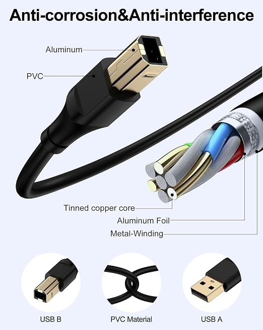 HP Printer Cable 6ft, Square USB A to USB B Cable - Image 5