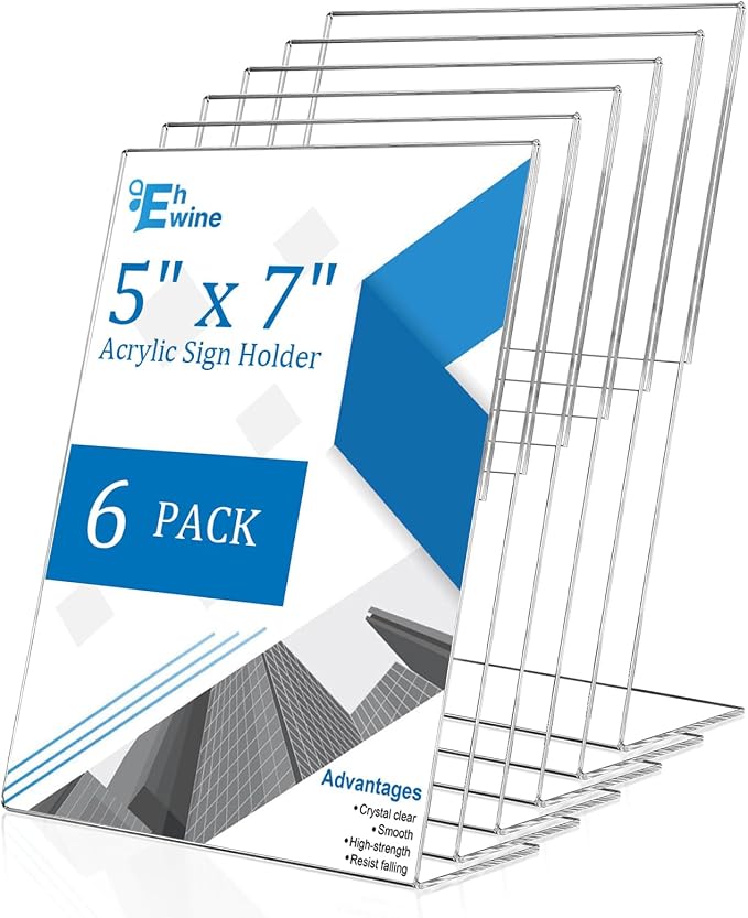 EHWINE 6 Pack 5 x 7 Acrylic Sign Holder, Vertical Slanted Back Paper Holder by EHWINE