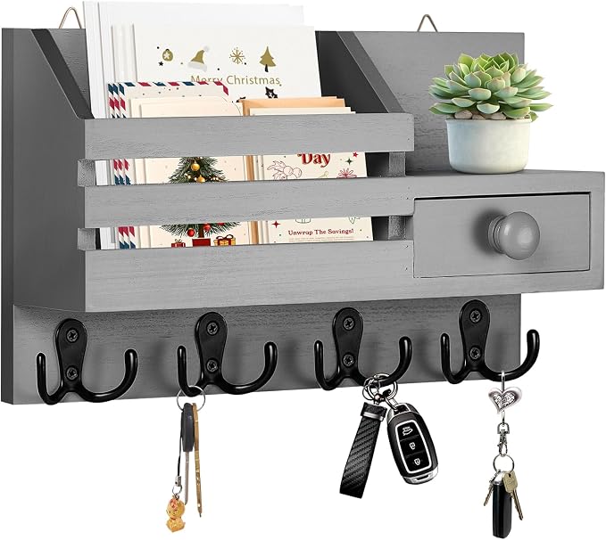Key Holder Wall Mount, Wooden Adhesive Mail and Key Organizer by HOMEBROS