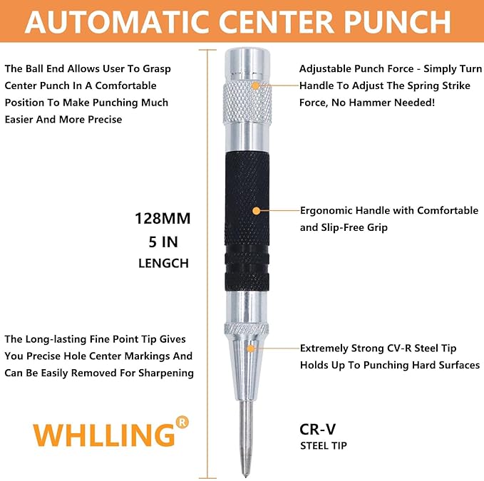 2-Piece Automatic Center Punch, 5 inch Spring Loaded Center Hole Punch - Image 3