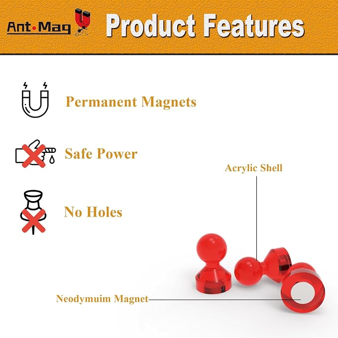 Ant Mag Magnetic Push Pins, 72 Pack Strong Whiteboard Magnets - Image 4