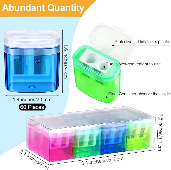 Aodaer 60 Pieces Pencil Sharpeners Manual Double Hole Pencil Sharpener - Image 2