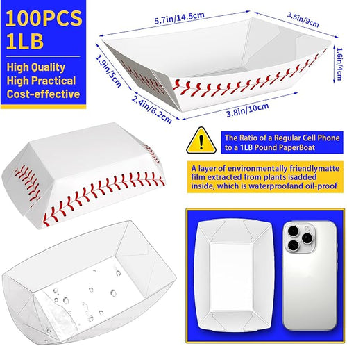 100 Pack 1 Lb Paper Food Boat Trays, Baseball Birthday Decorations Baseball - Image 2