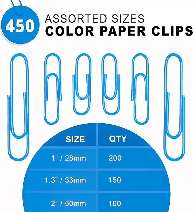 Kempshott 450 Blue Color Paper Clips Assorted Sizes Small, Medium and Large - Image 2