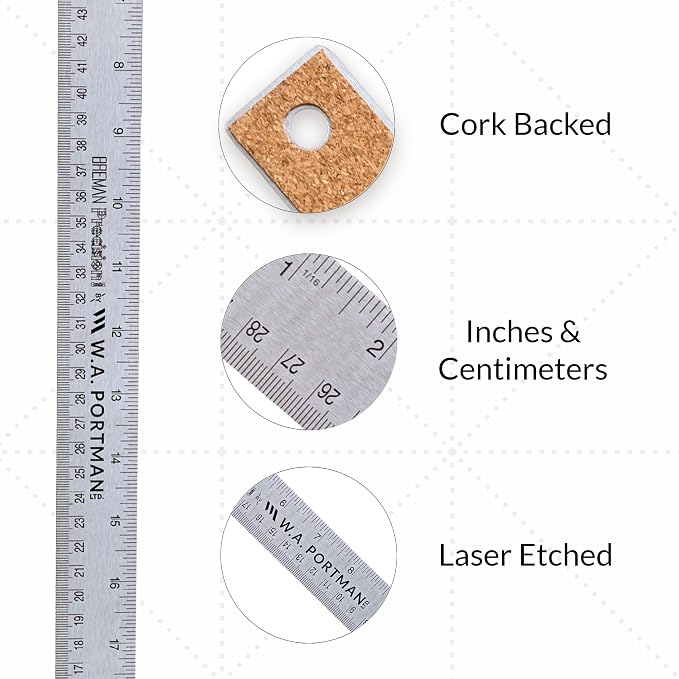 Breman Precision Metal Ruler 24 Inch Cork Back – 2 Pk Stainless Steel Straight - Image 2