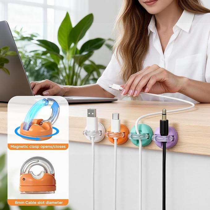 Magnetic Cable Clips, 8 Pack 360° Rotatable Cord Organizer, No-Residue Adhesive - Image 4
