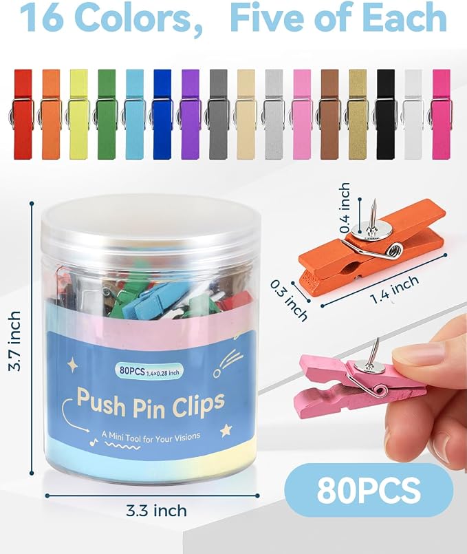 80Pcs Colored Push Pin Clips for Bulletin Board Decorative Wooden Push Pins | - Image 3
