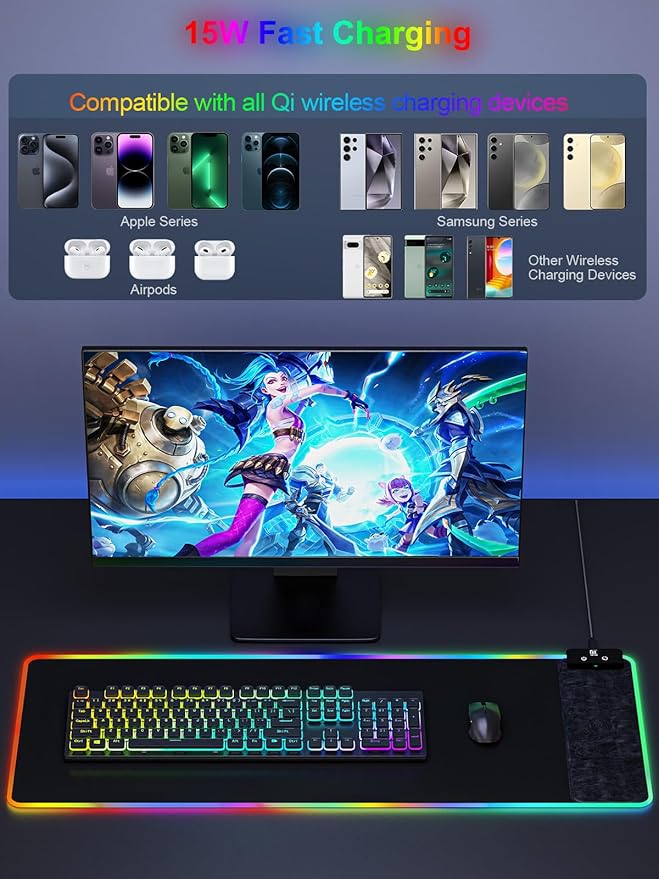 Mouse Pad with Wireless Charging, Large Desk Mat RGB Gaming Mousepad, 10 Light - Image 3