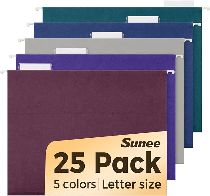 SUNEE Hanging File Folders Vintage Colors, 25 Pack Letter Size File Folders by SUNEE