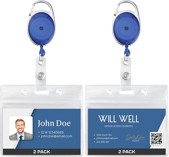 2 Pack ID Badge Holder with Clip – Transparent Blue Badge Reels with ID Sleeves by WillWell