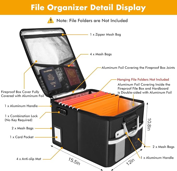 TOMKID 5200°F Fireproof Document Box, Fire Important Document Organizer - Image 3