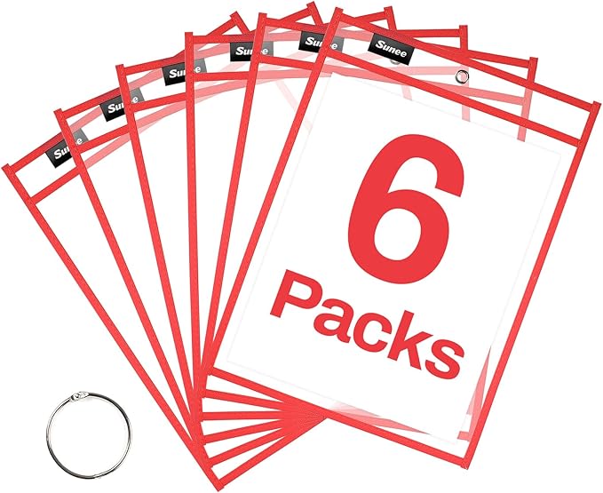 SUNEE 6 Packs Oversized Reusable Dry Erase Pocket Sleeves by SUNEE