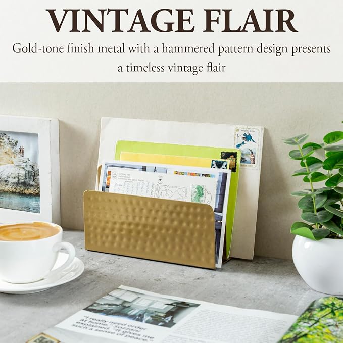 MyGift Modern Vintage Brass Tone Metal Tabletop Mail Holder Letter Sorter - Image 3
