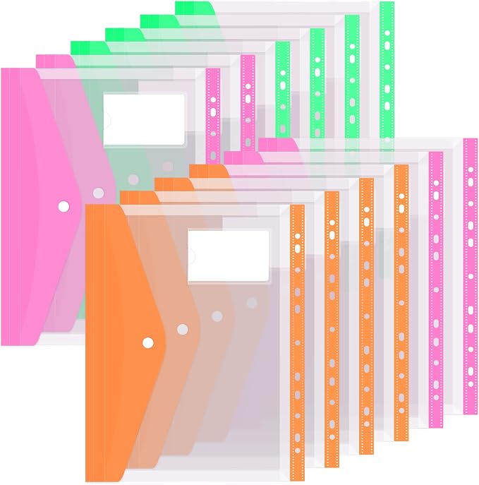Colorlife Binder Pocket 12 Pack Plastic Envelopes Binder Folders 11 Holes by WELCOME