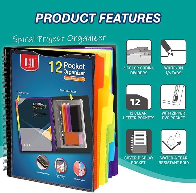 H4D 12 Pocket Poly Project Organizer, Spiral Multi Pocket Folder Organizer - Image 2