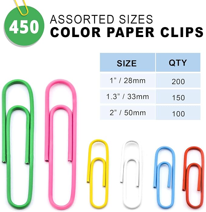 Kempshott 450 Color Paper Clips Assorted Sizes Small, Medium and Large Paper - Image 2