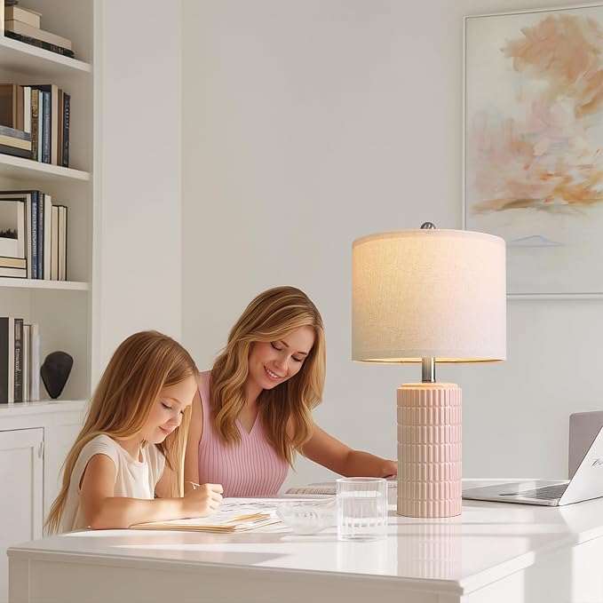 PoKat 20.75" Pink Ceramic Table Lamps Set of 2, Small Modern Bedroom Lamps - Image 3