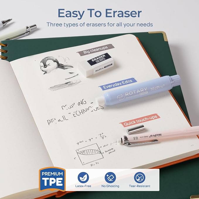 Nicpro Cute Mechanical Pencil Set, 4B Erasers, Rotary Retractable Eraser - Image 4