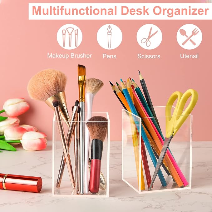 Mototo 8 Pieces Clear Acrylic Pen Holder Acrylic Pencil Cup Clear Makeup Bush - Image 3