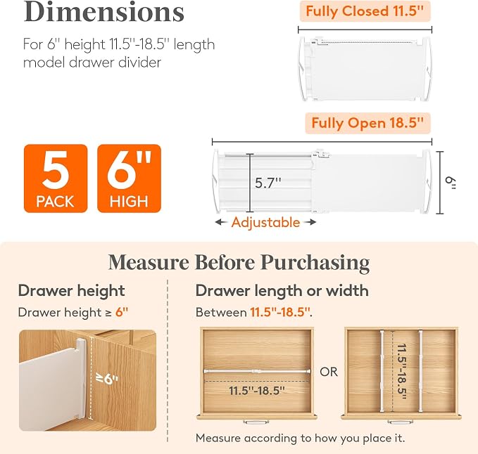 Lifewit 6" Tall 5 Pack Drawer Dividers, 11.5"-18.5" Adjustable Deep Drawer - Image 2