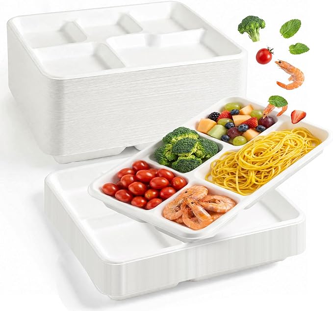 75Pack Compostable 5 Compartment Plates 10.25x8.25 inch Divided Paper Food Trays by VEIZEDD