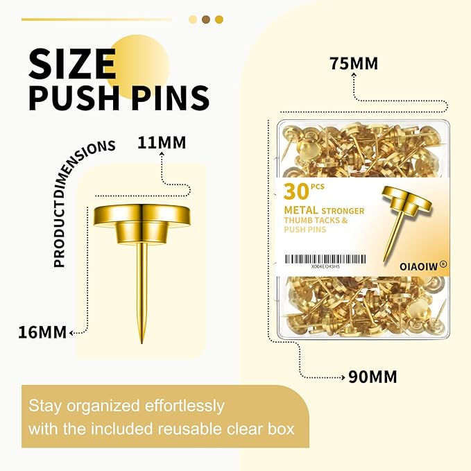 30 PCS Metal Gold Push Pins for Wall Clear Thumb Tacks for Walls Flat - Image 6