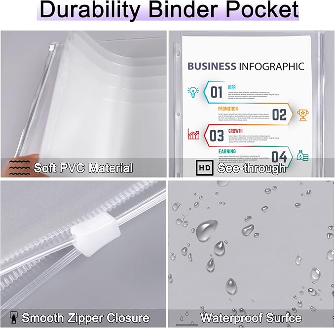 Antner 12 Pack Letter Size Binder Pockets 3 Holes Zipper Binder Folders - Image 3