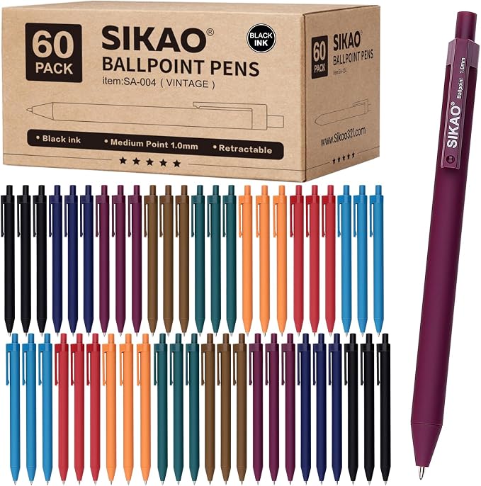Pens Bulk, 60 Pack Retractable Ballpoint Pens Black Ink | 1.0mm Smooth Writing by Sikao