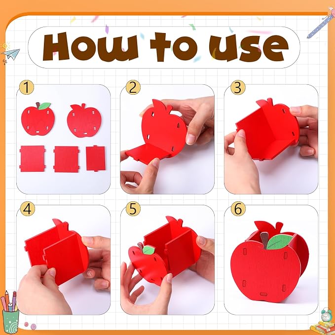 Crtiin 6 Pack Back to School Gifts Wooden Pencil Holders Crayon Ruler Apple - Image 2