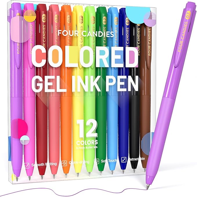 Four Candies Quick Dry Ink Colored Pens Set, 12 Colors Retractable Gel Pens by FourCandies