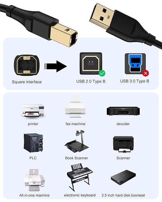 HP Printer Cable 6ft, Square USB A to USB B Cable - Image 7