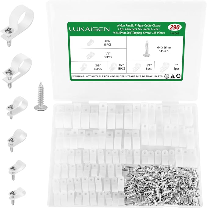 Cable Clips for Cable Management Cord Organizer, 6 Sizes 290 PCS Nylon R-Type by LuKaiSen