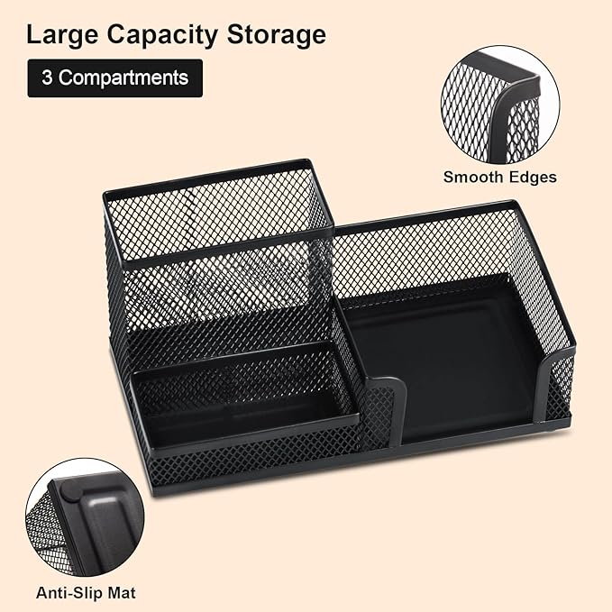 Comix Mesh Pen Pencil Holder Desk Organizer, 3 Compartment Wire Desktop Pen - Image 3