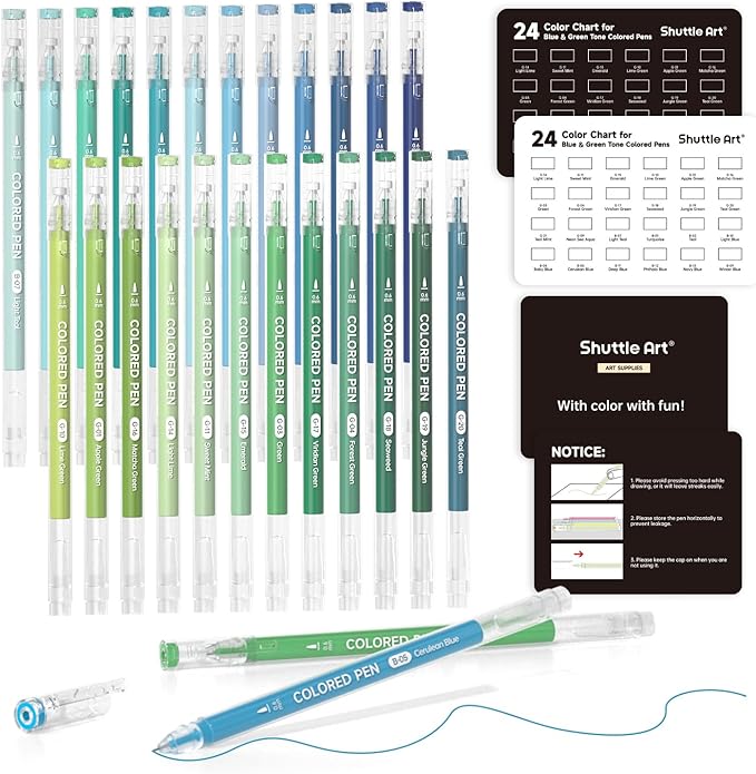 Shuttle Art Colored Pens, 24 Blue & Green Tone Colors Cute Journal Pens 0.6mm by ShuttleArt