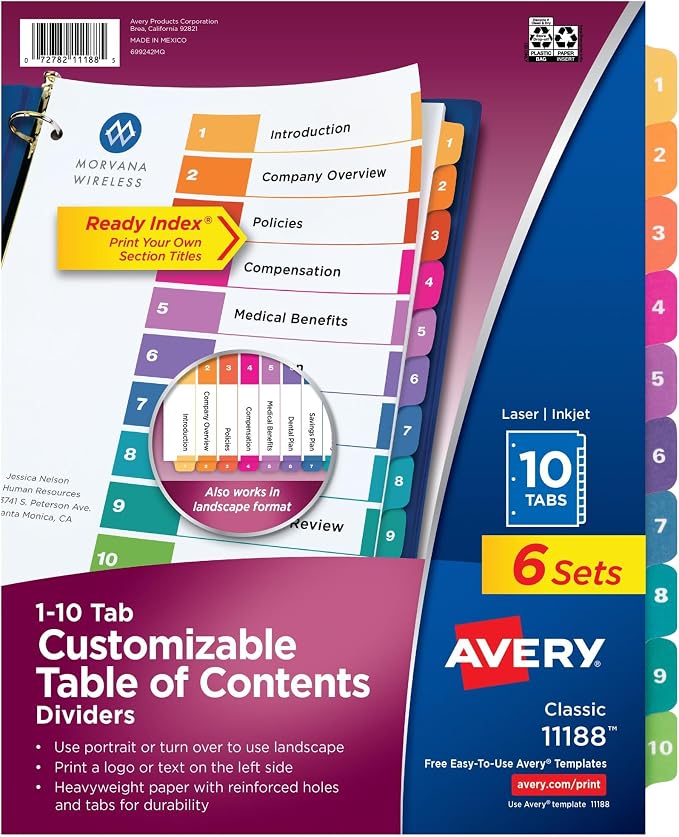 Avery 10 Tab Dividers | Multicolor Tabs | Table of Contents | by Avery