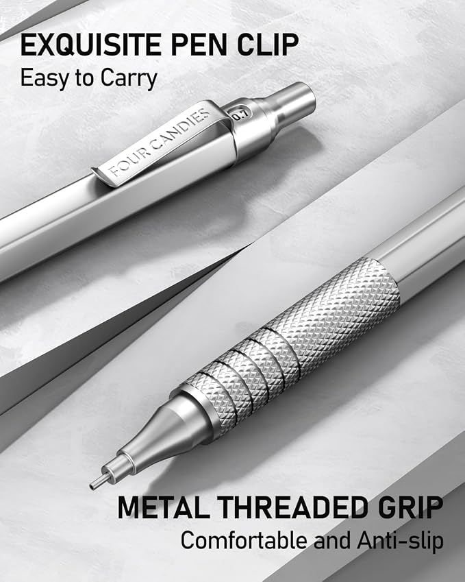 Four Candies 2PCS 0.5mm & 0.7 mm Metal Mechanical Pencils Set, 12 Erasers - Image 2