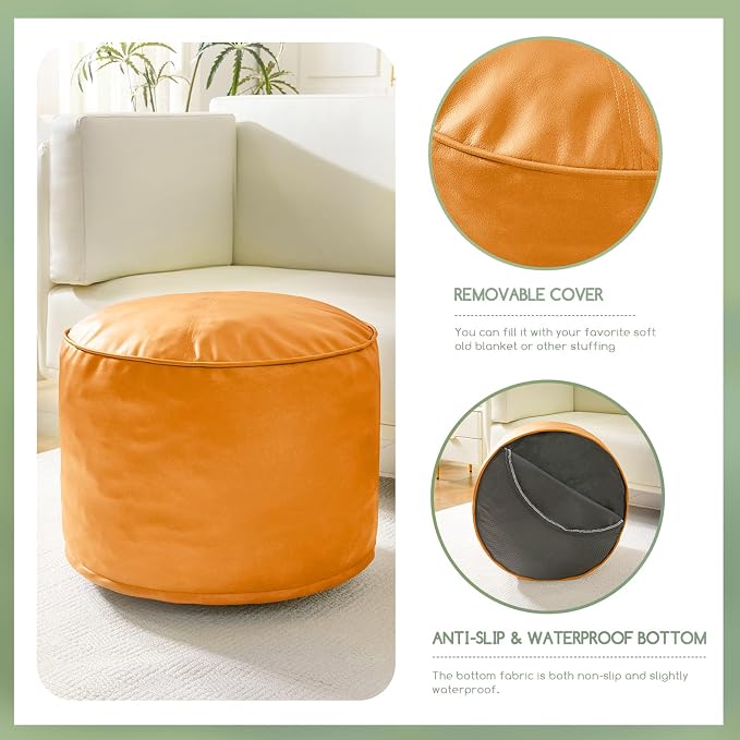 HIGOGOGO Round Stuffed Pouf Ottoman, Pu Leather Poufs - Image 5