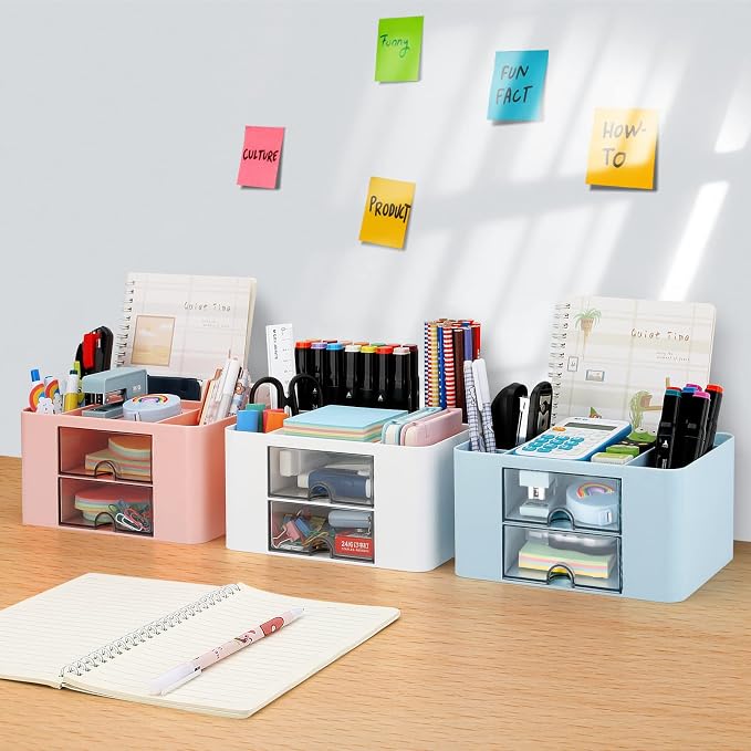 Desk Organizer with 2 Drawer, Plastic Desktop Pen Pencil Card Holder Storage Box - Image 4