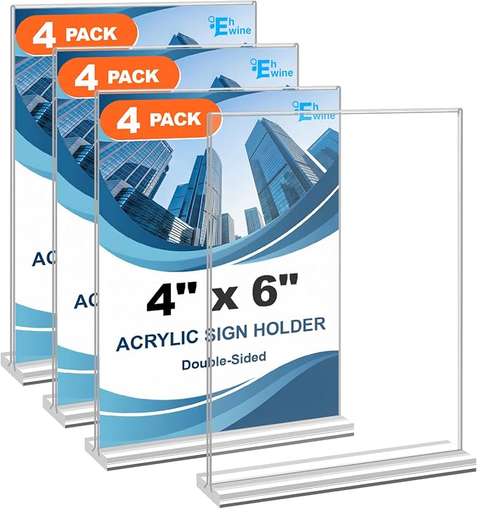 EHWINE 4 Pack Acrylic Sign Holders 4x6 Double-Sided Tabletop Display Stands by EHWINE