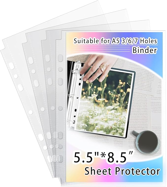 20 Pack Heavy Duty Sheet Protectors 5.5x8.5 Inch, A5 Binder 6 Ring Clear Photo by AZATUS