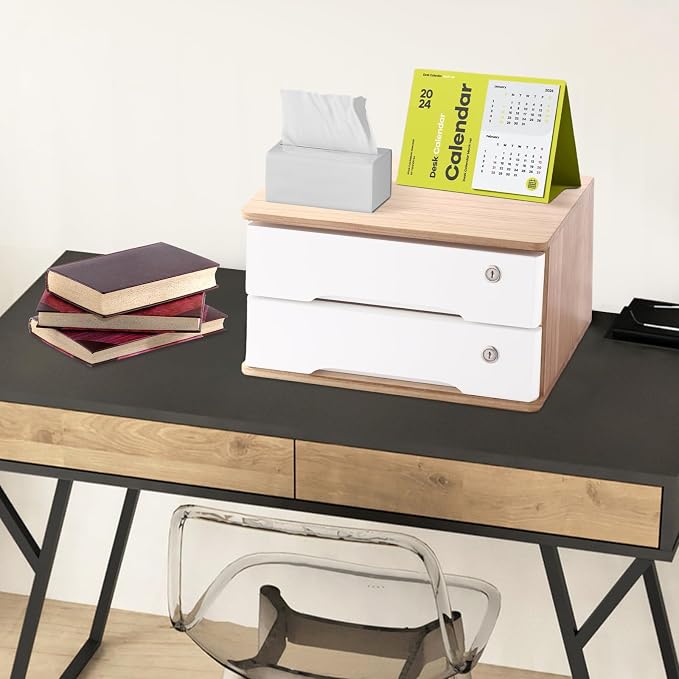Lockable Desk Organizer Wooden Desktop Drawers Office Flat Files Storage Box - Image 8