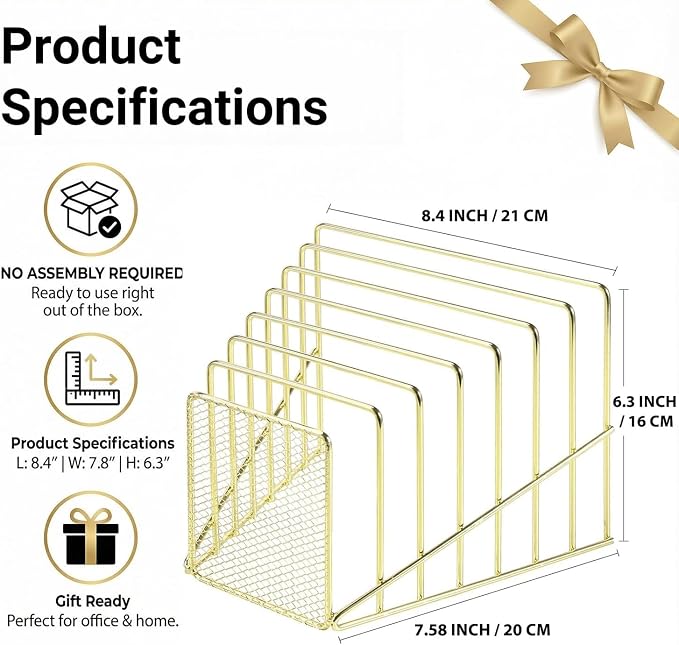 Gold Desk Organizer 7 Slot Inclined Vertical File Folder Holder Sorter - Image 5