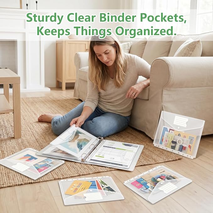 HOUYEE 32 Pack Clear Binder Pocket, 11 Holes Heavy-Duty Plastic Binder Pouch - Image 7