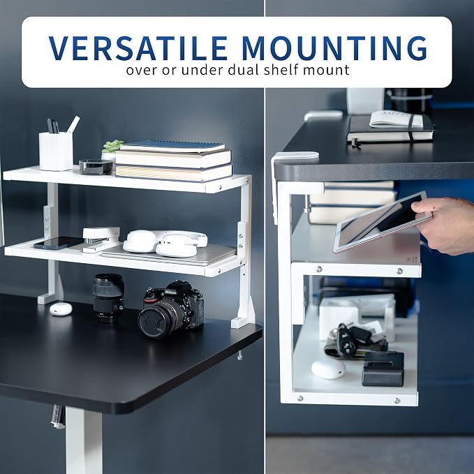 VIVO White Clamp-on 24 inch 2-Tier Desk Shelf, STAND-SHELF24C-W | Above or - Image 4