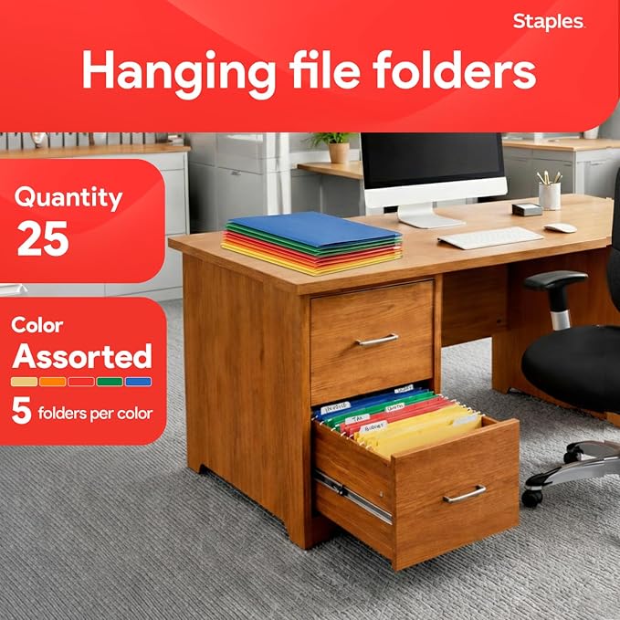 Staples Hanging File Folders, Letter Size, 1/5‑Cut Tabs, Adjustable Tabs - Image 2